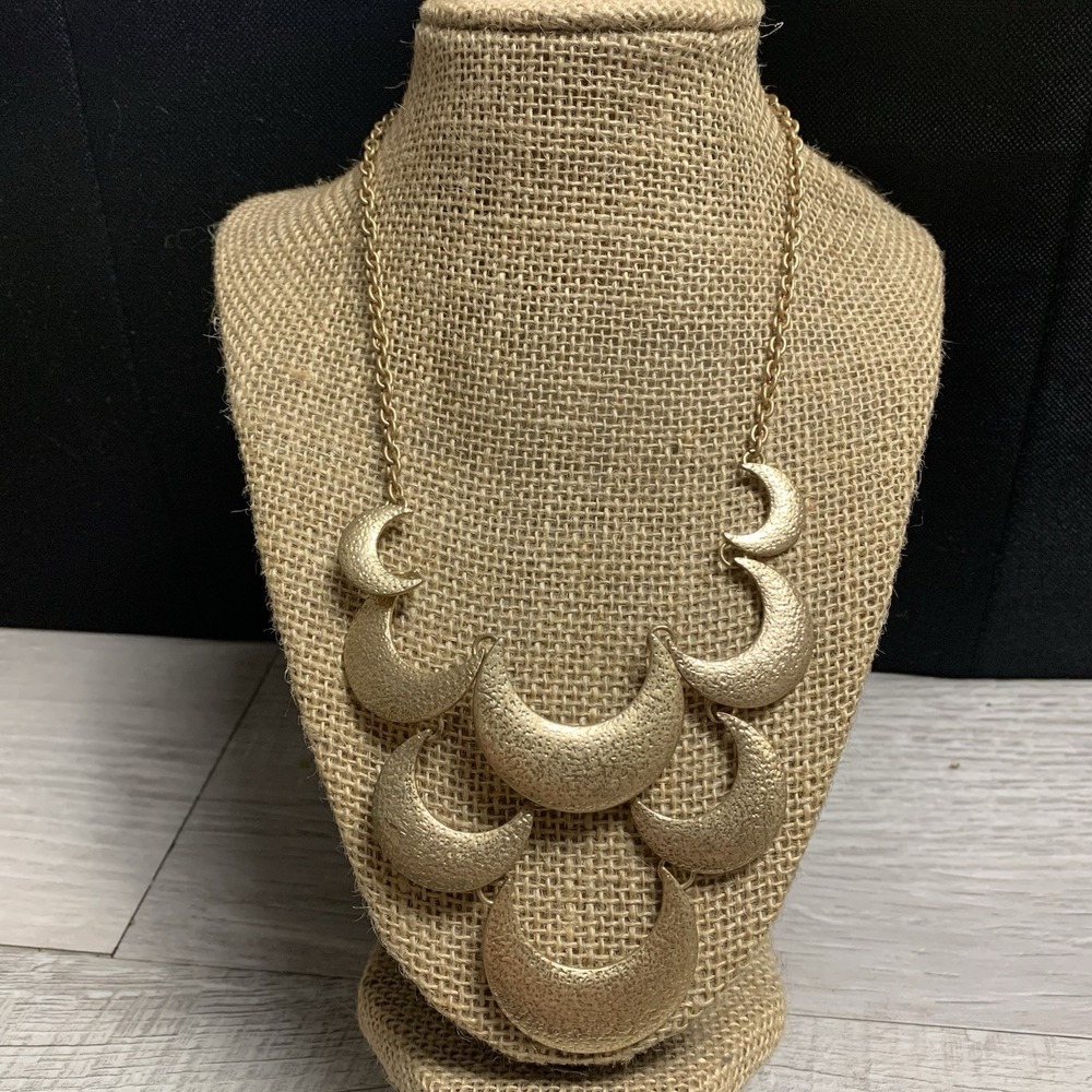 Claires Gold Tone Crescent Moon Statement Necklace Bibb 16"